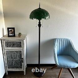 Tiffany Style Floor Lamp Green Stained Glass Leaves Metal Base LED Bulb 64H16W