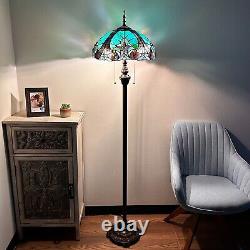 Tiffany Style Floor Lamp Green Stained Glass Metal Base LED Bulbs 16W16D64H