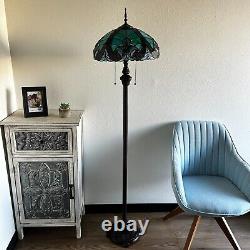Tiffany Style Floor Lamp Green Stained Glass Metal Base LED Bulbs 16W16D64H