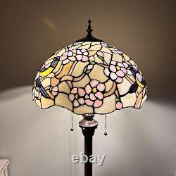 Tiffany Style Floor Lamp Magpies Plum Bossom Pink Brown Stained Glass H64W16