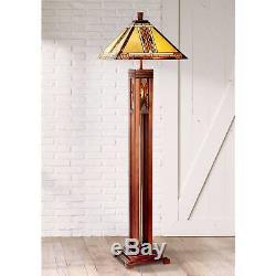 Tiffany Style Floor Lamp Mission Wood Column Stained Glass For Living Room