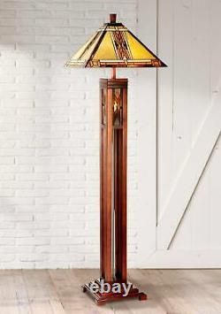 Tiffany Style Floor Lamp Mission Wood Column Stained Glass For Living Room