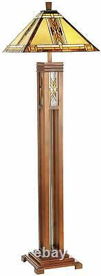 Tiffany Style Floor Lamp Mission Wood Column Stained Glass For Living Room