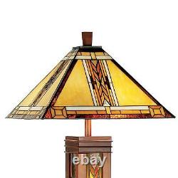 Tiffany Style Floor Lamp Mission Wood Column Stained Glass For Living Room