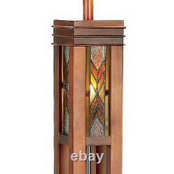 Tiffany Style Floor Lamp Mission Wood Column Stained Glass For Living Room