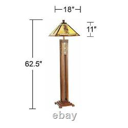 Tiffany Style Floor Lamp Mission Wood Column Stained Glass For Living Room