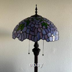 Tiffany Style Floor Lamp Purple Stained Glass Green Leaves 16W16D64H