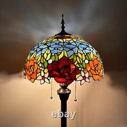 Tiffany Style Floor Lamp Red Orange Stained Glass Rose Flowers LED Bulbs H64W16