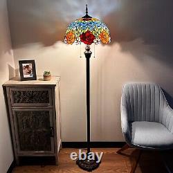 Tiffany Style Floor Lamp Red Orange Stained Glass Rose Flowers LED Bulbs H64W16