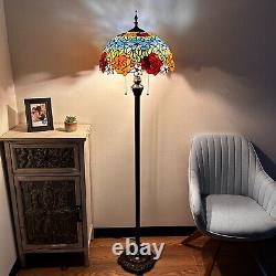 Tiffany Style Floor Lamp Red Orange Stained Glass Rose Flowers LED Bulbs H64W16