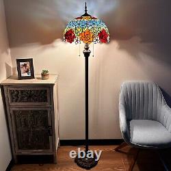 Tiffany Style Floor Lamp Red Orange Stained Glass Rose Flowers LED Bulbs H64W16