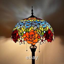 Tiffany Style Floor Lamp Red Orange Stained Glass Rose Flowers LED Bulbs H64W16