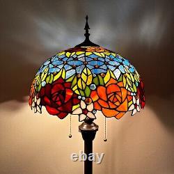Tiffany Style Floor Lamp Red Orange Stained Glass Rose Flowers LED Bulbs H64W16