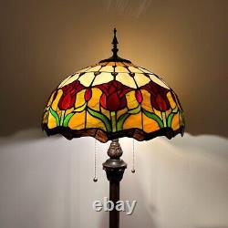 Tiffany Style Floor Lamp Stained Glass Red Tulip Flowers LED Bulb 64H16W16D