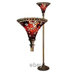 Tiffany Style Floor Lamp Standing Torchiere Victorian Stained Glass Theme Red