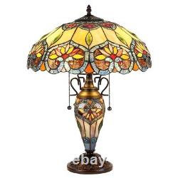 Tiffany Style Floral 3 Bulb Stained Glass Double Lit Table Desk Lamp Night Light