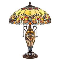 Tiffany Style Floral 3 Bulb Stained Glass Double Lit Table Desk Lamp Night Light