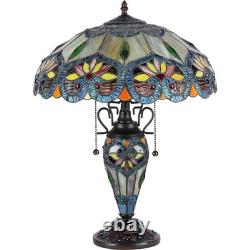 Tiffany Style Floral 3 Bulb Stained Glass Double Lit Table Desk Lamp Night Light