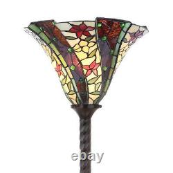 Tiffany-Style Floral Torchiere Floor Lamp Red Green Jewels Stained Glass 71 H