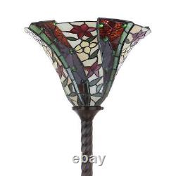 Tiffany-Style Floral Torchiere Floor Lamp Red Green Jewels Stained Glass 71 H