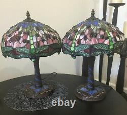 Tiffany-Style Green Dragonfly Stained Glass Table Lamps Pair of Two