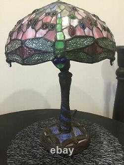 Tiffany-Style Green Dragonfly Stained Glass Table Lamps Pair of Two