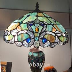 Tiffany Style Green Hue Lighted Base Stained Glass Accent Table Lamp 20in