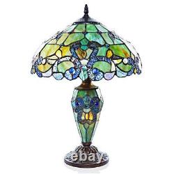 Tiffany Style Green Hue Lighted Base Stained Glass Accent Table Lamp 20in