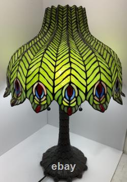 Tiffany-Style Green Peacock Feather Stained Glass Table Lamp, Art Nouveau 26