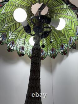 Tiffany-Style Green Peacock Feather Stained Glass Table Lamp, Art Nouveau 26