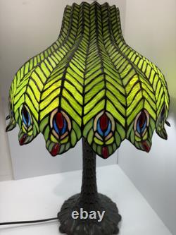 Tiffany-Style Green Peacock Feather Stained Glass Table Lamp, Art Nouveau 26