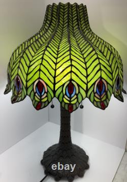 Tiffany-Style Green Peacock Feather Stained Glass Table Lamp, Art Nouveau 26