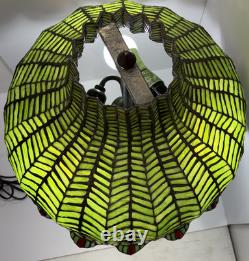 Tiffany-Style Green Peacock Feather Stained Glass Table Lamp, Art Nouveau 26