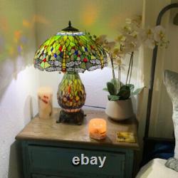 Tiffany Style Green Yellow Stained Glass Dragonfly Table Lamp With Lighted Base