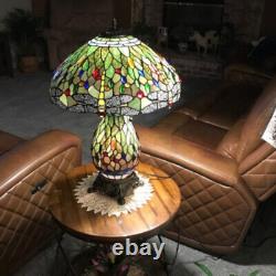 Tiffany Style Green Yellow Stained Glass Dragonfly Table Lamp With Lighted Base