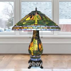 Tiffany Style Green and Yellow Stained Glass Dragonfly Accent Reading Table Lamp