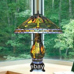 Tiffany Style Green and Yellow Stained Glass Dragonfly Accent Reading Table Lamp