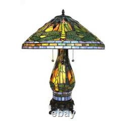 Tiffany Style Green and Yellow Stained Glass Dragonfly Accent Reading Table Lamp