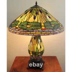 Tiffany Style Green and Yellow Stained Glass Dragonfly Accent Reading Table Lamp