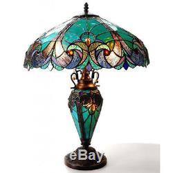 Tiffany Style Halston Double Lit 2+1 Light Turquoise Amber Art Glass Table Lamp