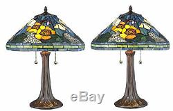 Tiffany Style Handcrafted Stained Glass Floral Table Lamp Set 16 Shade