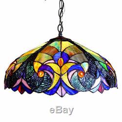 Tiffany Style Hanging Ceiling Lamp Fixture Blue Stained Glass Shade 18 Wide