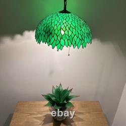 Tiffany Style Hanging Lighting Green Stained Glass Leaves LED Bulbs 75'H16W