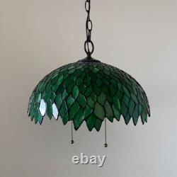 Tiffany Style Hanging Lighting Green Stained Glass Leaves LED Bulbs 75'H16W