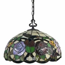 Tiffany Style Hanging Pendant Lamp Stained Glass Rose Theme Ceiling Light 16in