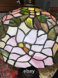 Tiffany Style Lamp 21 Inch Tall, Floral, Pink, Stained Glass, Art Deco, Vintage