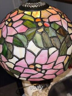 Tiffany Style Lamp 21 Inch Tall, Floral, Pink, Stained Glass, Art Deco, Vintage