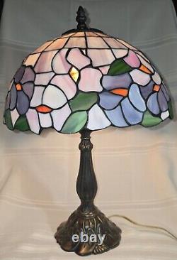 Tiffany Style Lamp Pink & Purple Floral Flowers Stained Glass