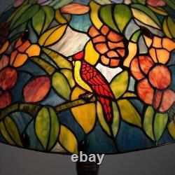 Tiffany Style Leaded Stained Glass Lamp with Flower & Cardinal Pattern 20th