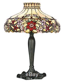 Tiffany Style Milano Flowers Red Cream Stained Glass Antique Table Lamp